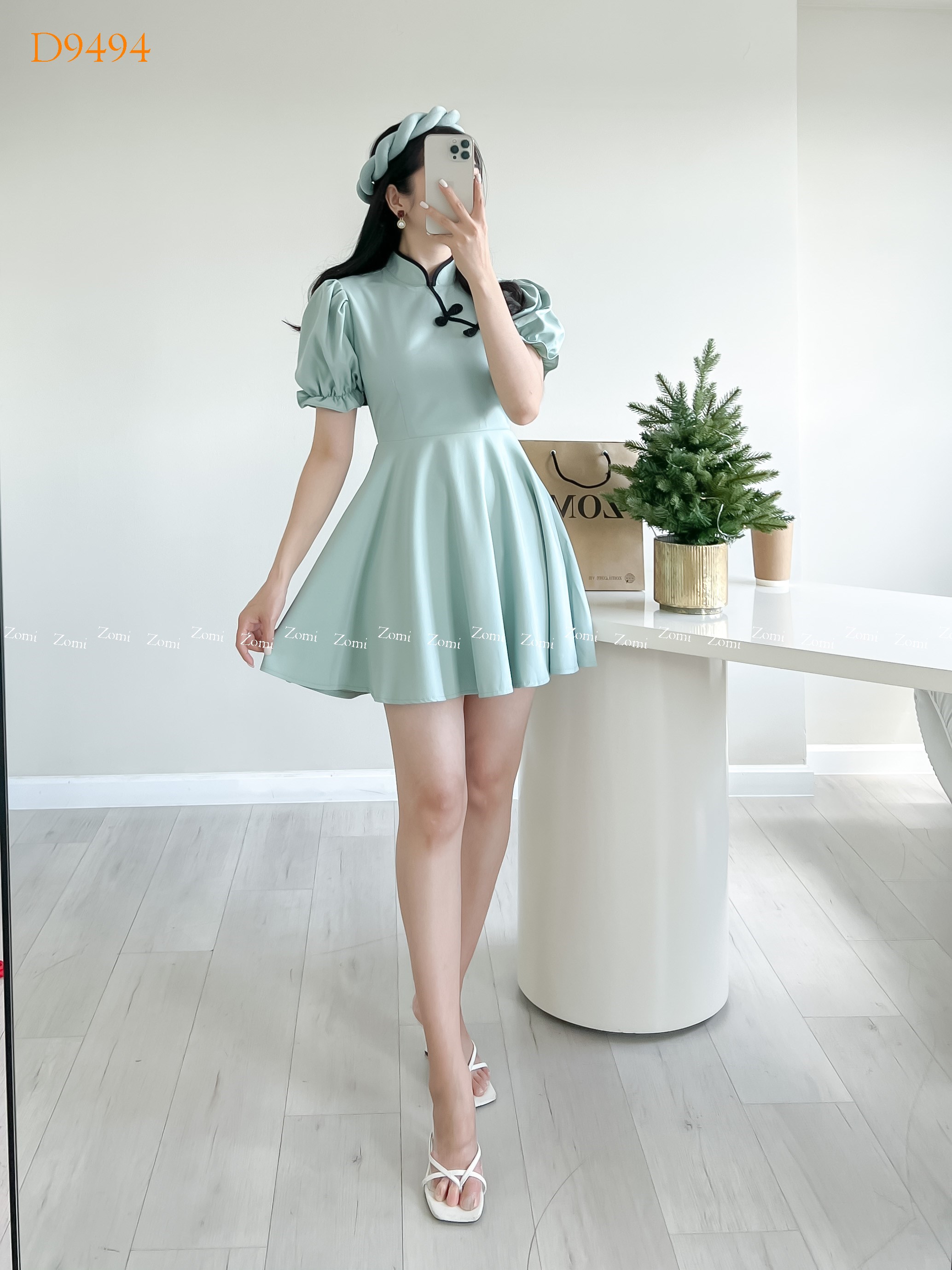 Đầm sườn xám dáng xòe tay nhún thiết kế cách điệu dễ thương ZOMI D9494