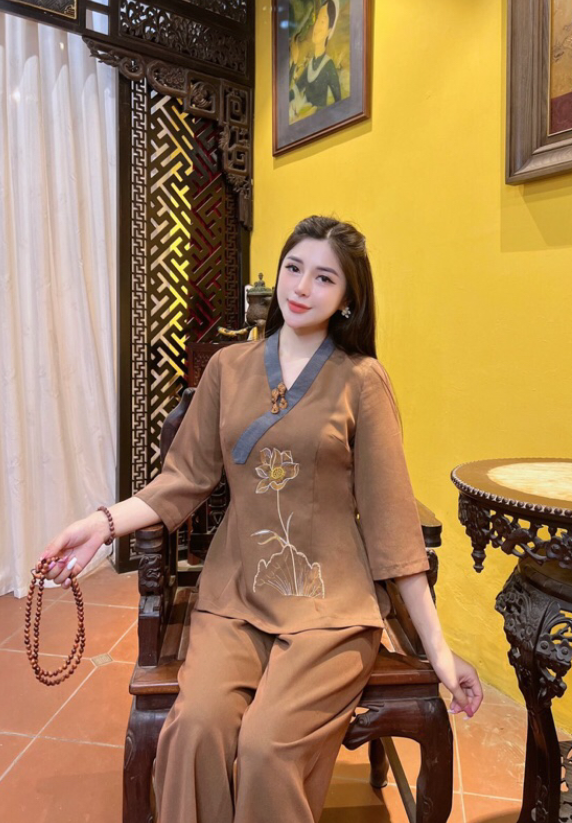 Pháp phục đi chùa đi lễ thêu sen cổ Y