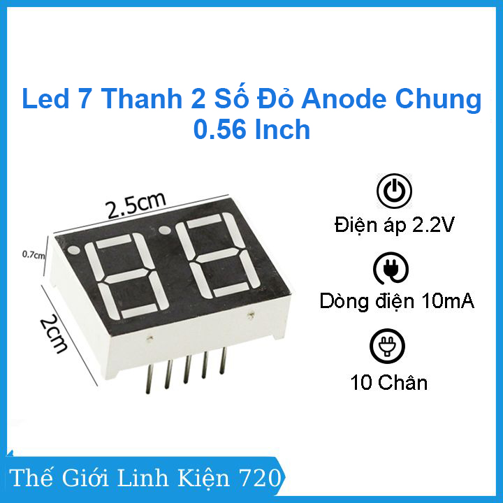 Bộ 5 led 7 thanh 2 số đỏ anode chung 0.56 inch