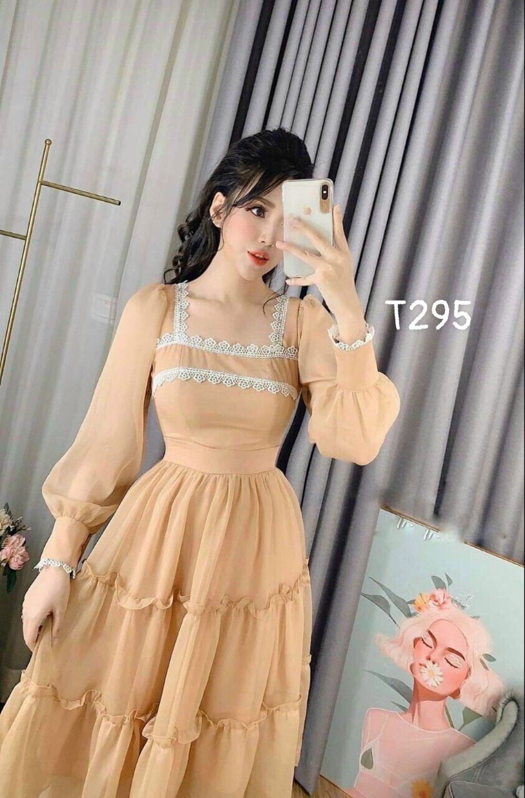 Đầm nữ xoè tay dài nhún bèo voan lụa xếp tầng dự tiệc dạo phố T295