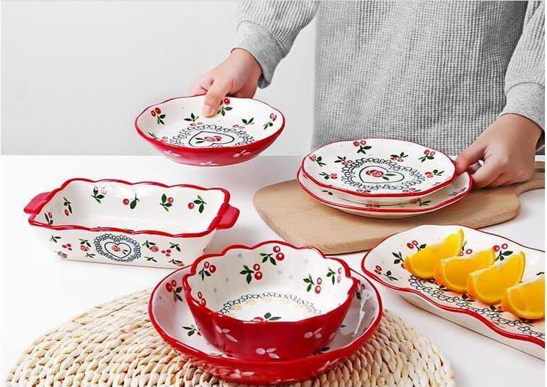 [Có sẵn] Bộ sưu tập đĩa họa tiết cherry đỏ