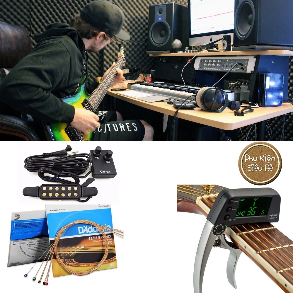 Combo phụ kiện thu âm cho đàn guitar Acoustic - Dây đàn Guitar D'Addario EZ910 + Bộ thu âm cho đàn Guitar vào loa và ampli ( Thu âm có dây QH-6A hoặc không dây Original Sound A8 ) + Capo kẹp cần đàn chỉnh tone nhạc cho Guitar