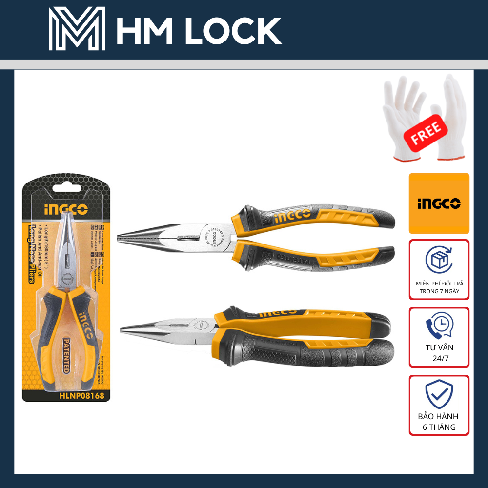 Kềm nhọn mỏ dài 6''/160mm ingco - thép cr-v siêu cứng không gỉ - hàng chính hãng - hlnp08168 - hm lock