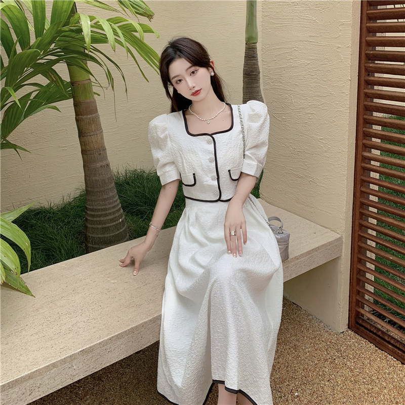 Set váy tiểu thư, set váy xòe trắng phối viền đen cao cấp