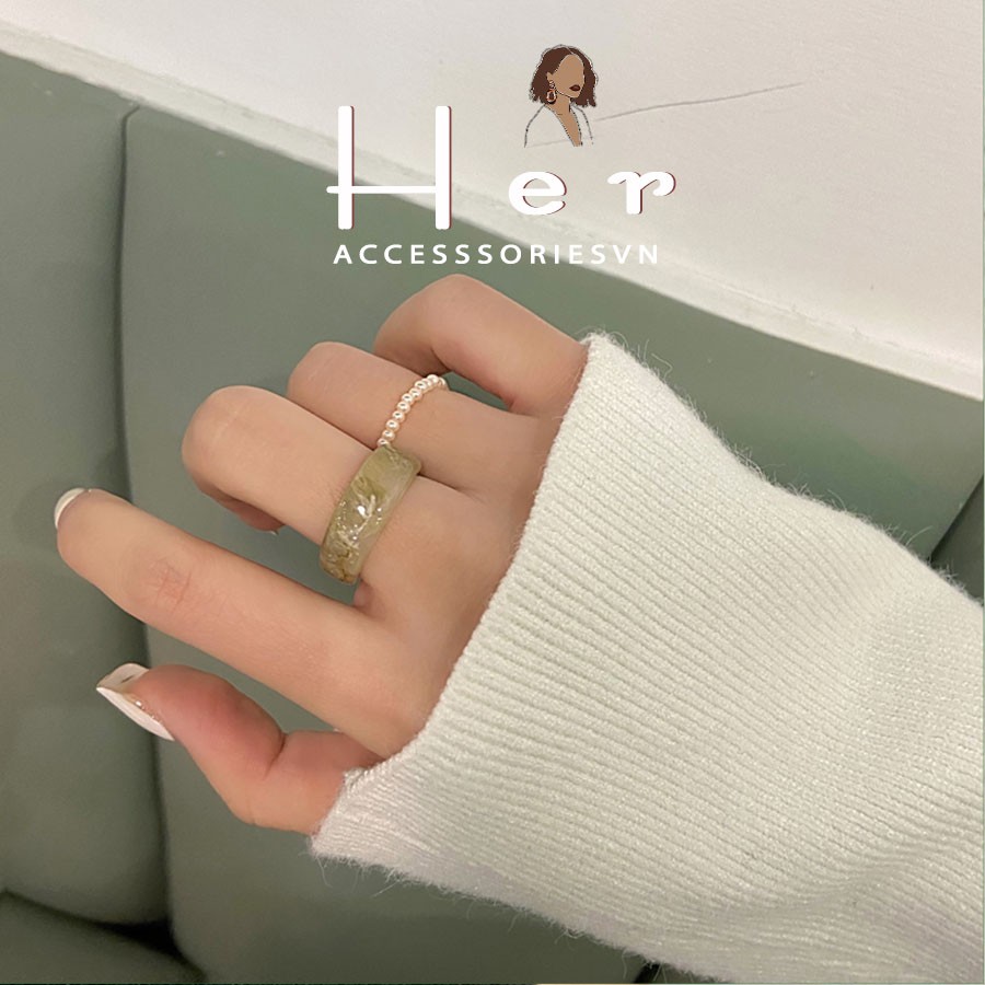Bộ 2 nhẫn nữ đá giả mã não, phong cách cổ điển | her.acc | n14