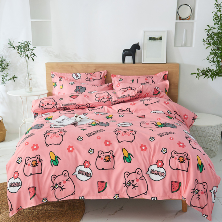 Trọn Bộ 4 Món Chăn Ga Gối Cotton Poly Nhập Mẫu CHUỘT HAMSTER HỒNG