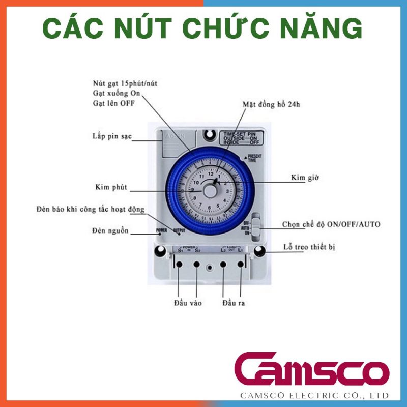 Bộ Công Tắc Hẹn Giờ Cơ Rơle Timer 24 Giờ Camsco Model TB35N