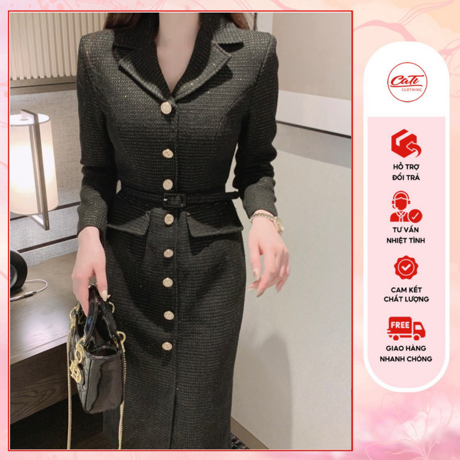CATI Đầm midi dạ cổ vest - kèm belt 4 màu (1547)