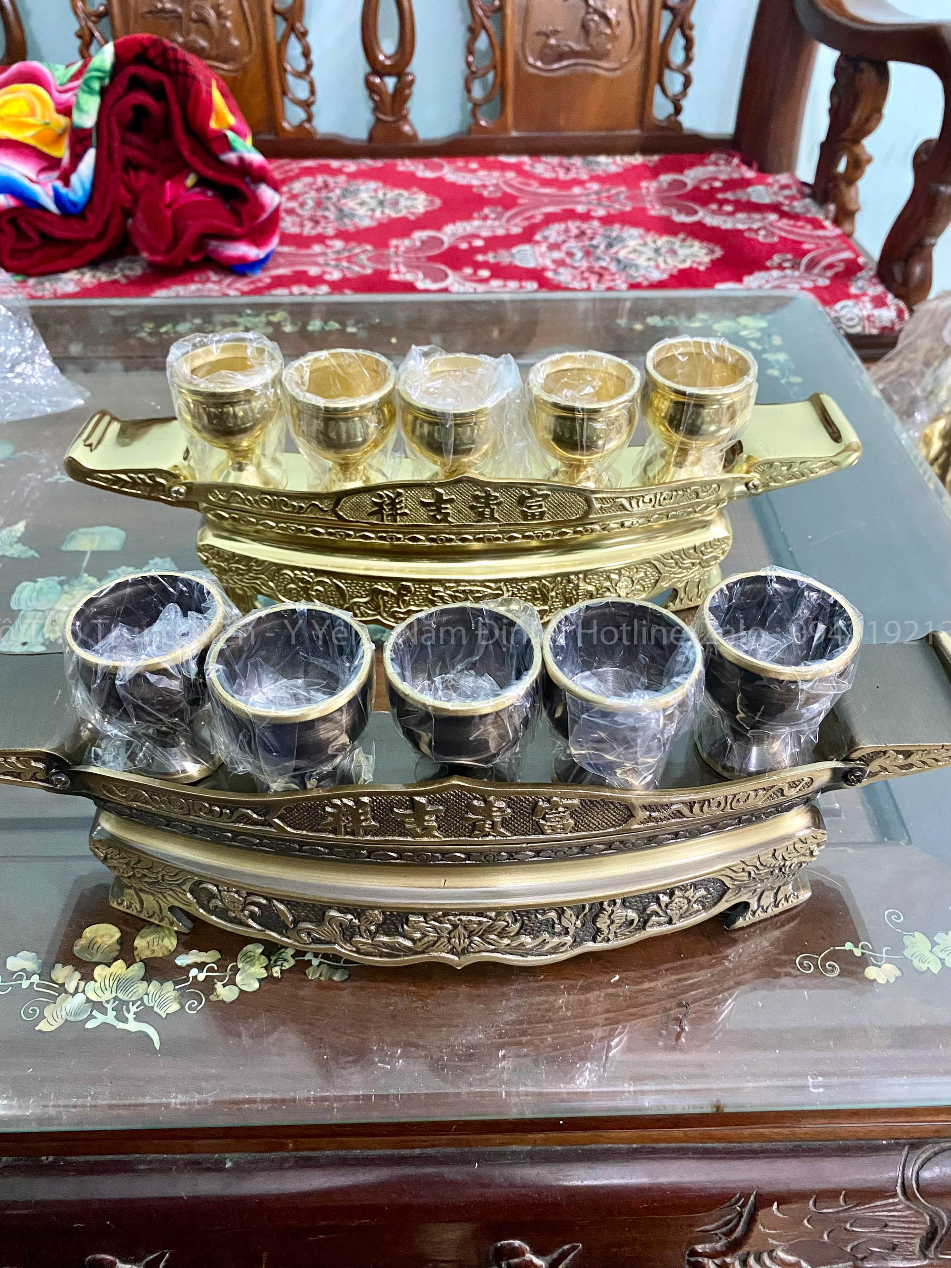 Bộ khay chén bằng đồng vàng - khay dài 35cm - ly chén bằng đồng nguyên chất, khay nước thờ. Đồ thờ cúng bằng đồng