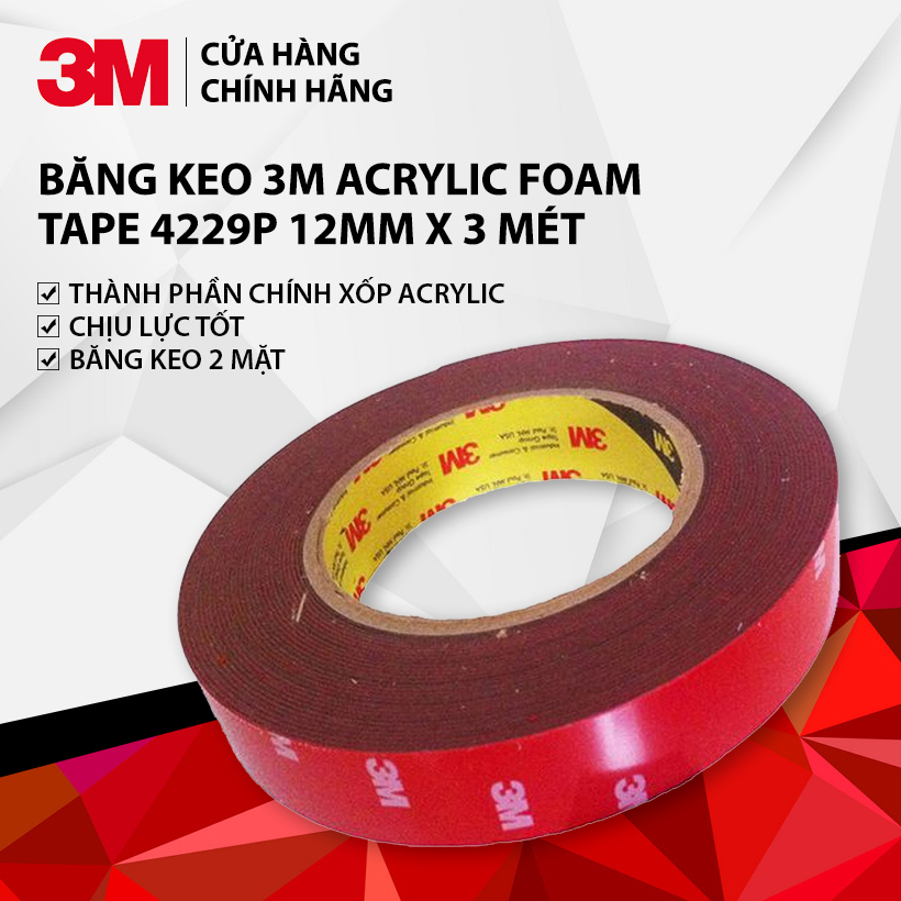 Băng keo cường lực siêu dính 3M khổ 12mm x 3m 4229P-3m độ bám dính và đàn hồi tốt khả năng kết dính cao