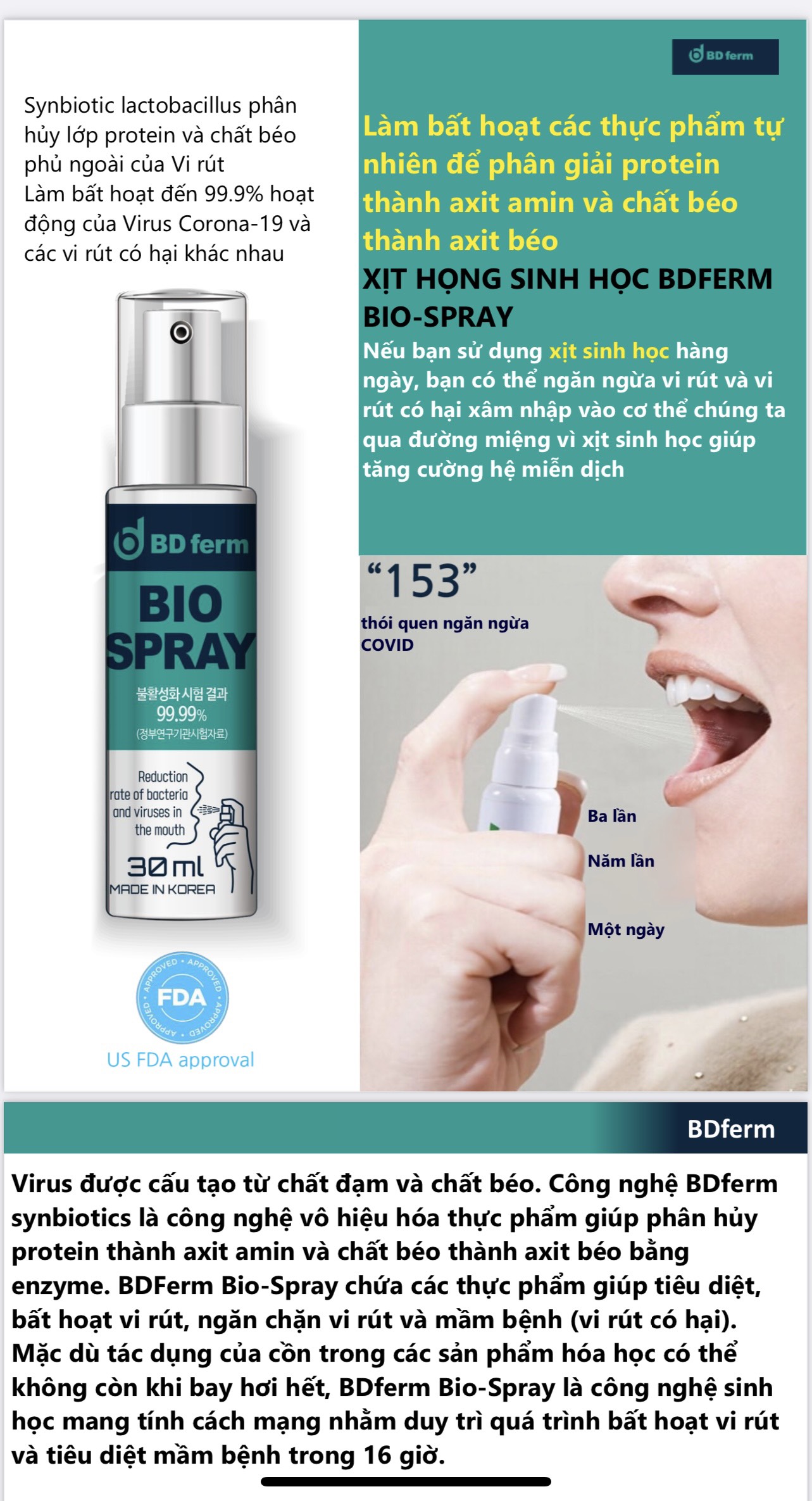 Xịt họng kháng khuẩn sinh học BDFERM BIO - SPRAY