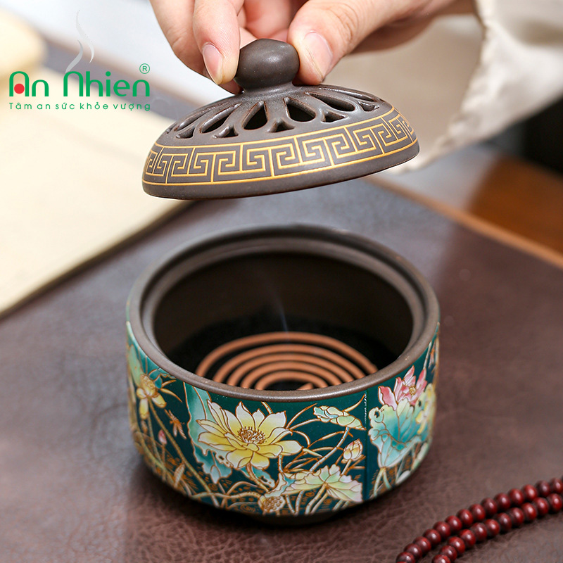 Lư Xông Trầm, Đốt Trầm Hương Bằng Gốm Tráng Men Hoa Văn Độc Đáo GOM2