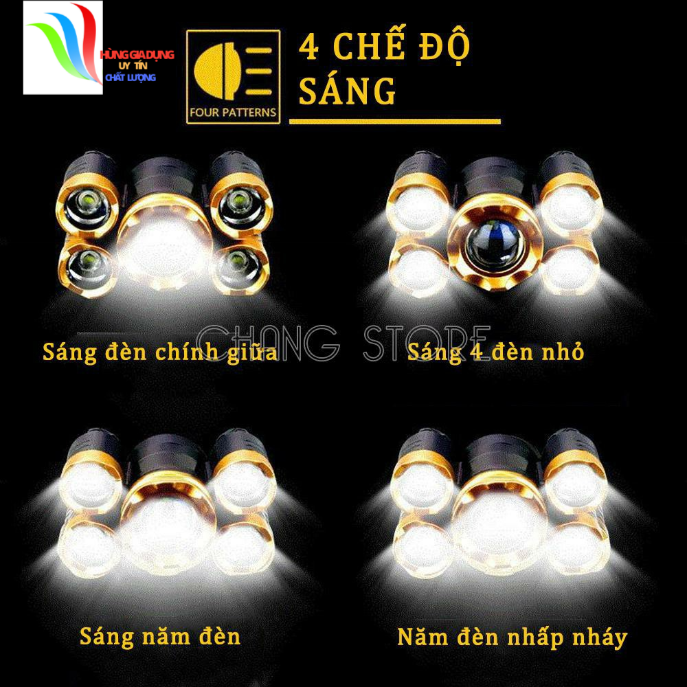 Đèn pin chiếu sáng đội đầu 5 bóng siêu sáng. (Kèm dây sạc và dây đeo trán)