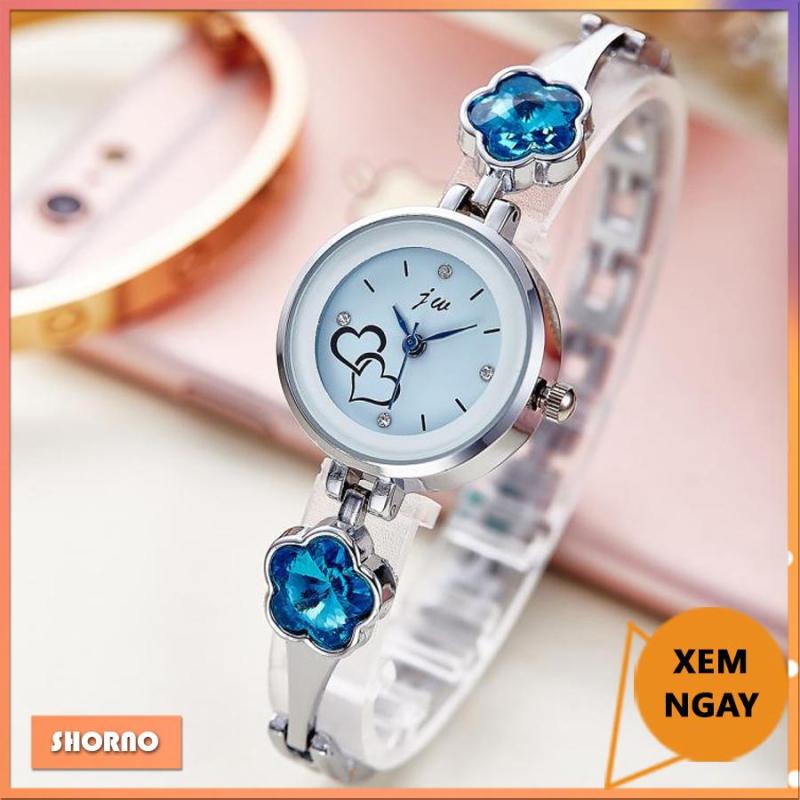Nơi bán Đồng hồ nữ JW kiểu dáng thời trang, dây kim loại, đính đá hình hoa mai xanh biếc, kiểu lắc tay nhỏ nhắn, màu gold/silver
