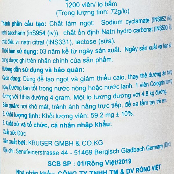 Đường Ăn Kiêng Cologrin Kruger 1200 Viên