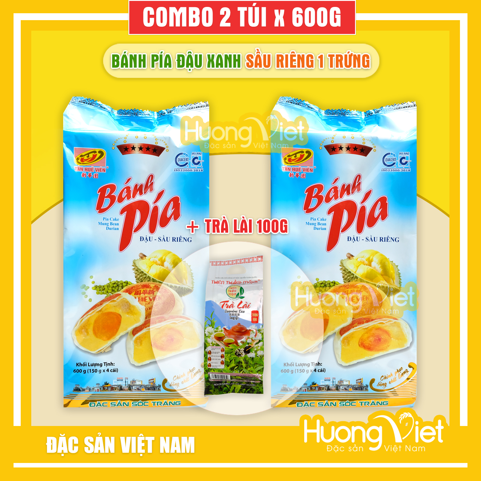 Combo 2 túi bánh pía tân huê viên 600g kèm trà, bánh pía đậu xanh sầu riêng 1 trứng muối loại 5 sao đặc biệt, bánh kẹo tết 2023