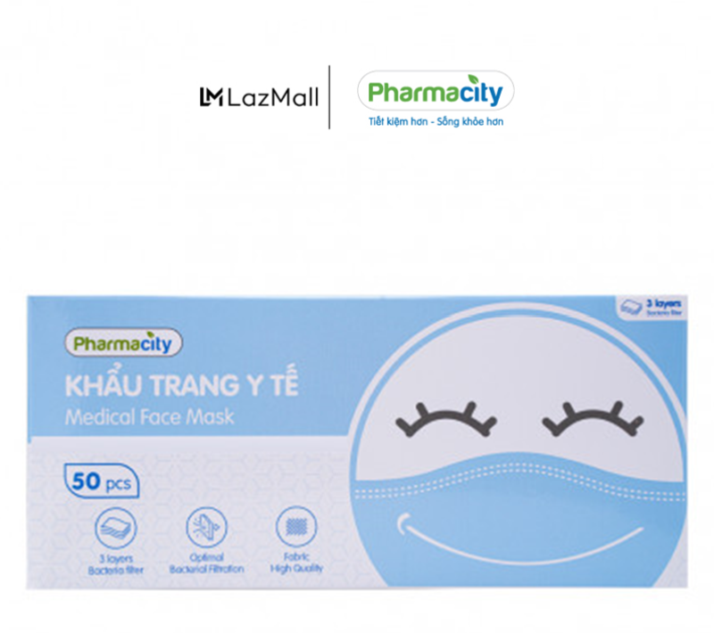 Khẩu trang y tế 3 lớp màu xanh Pharmacity (50 cái/hộp) cao cấp