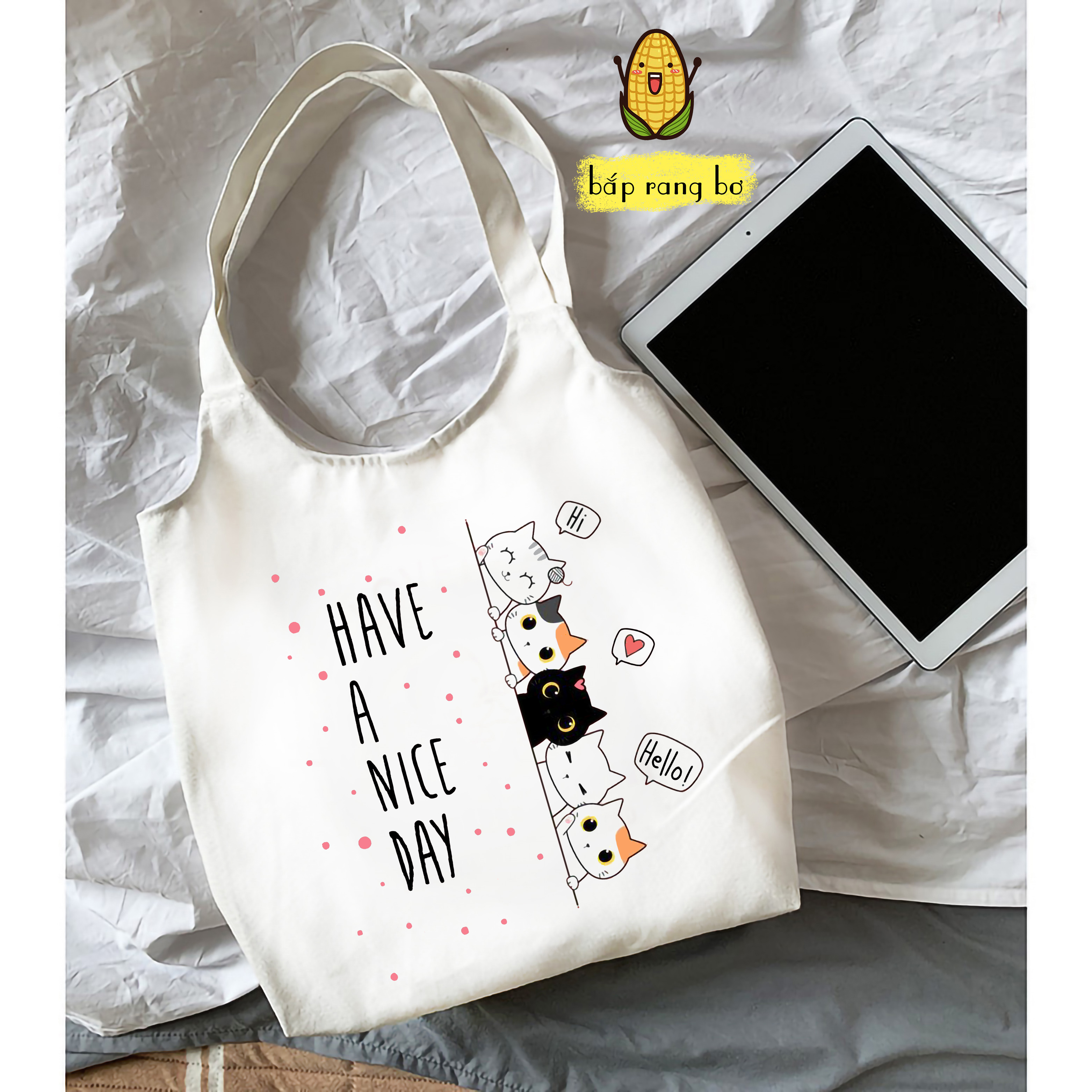 TÚI TOTE TRÒN MÈO CUTE (CÓ TÚI CON) - VẢI CANVAS