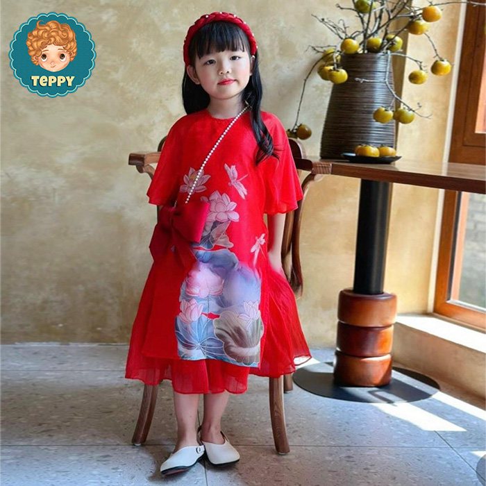 Set áo dài hoa sen cho bé gái (4 món áo dài, váy,kèm cài, túi)