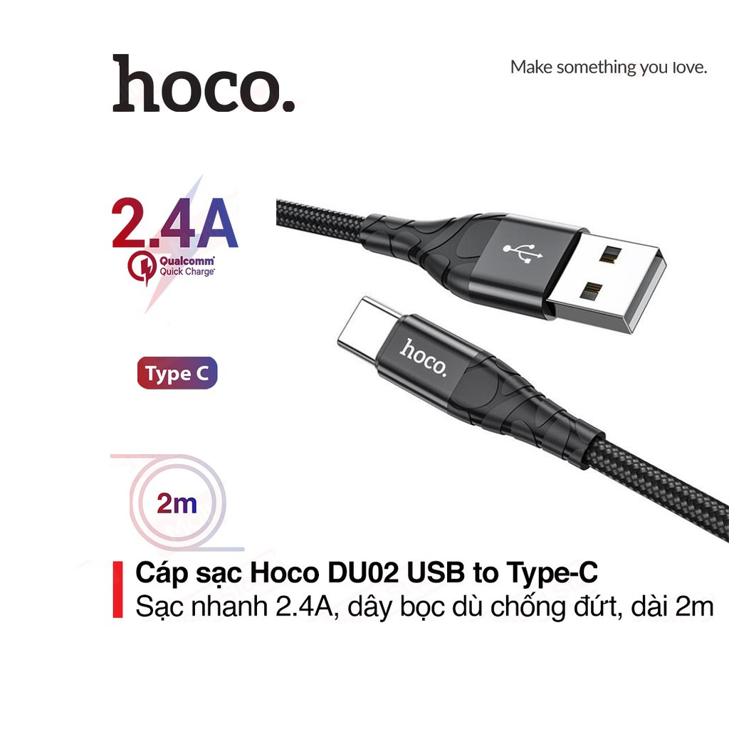 Cáp sạc nhanh 2.4A Hoco DU02 Plus chân Type-C chất liệu dây siêu bền dành cho Android dài 2M