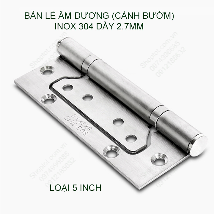 Bản lề lá âm Dương loại 5 inch (5x4x2.5) bằng inox 304 dày 2.5mm cho cửa gỗ, cửa nhựa, cửa nhôm