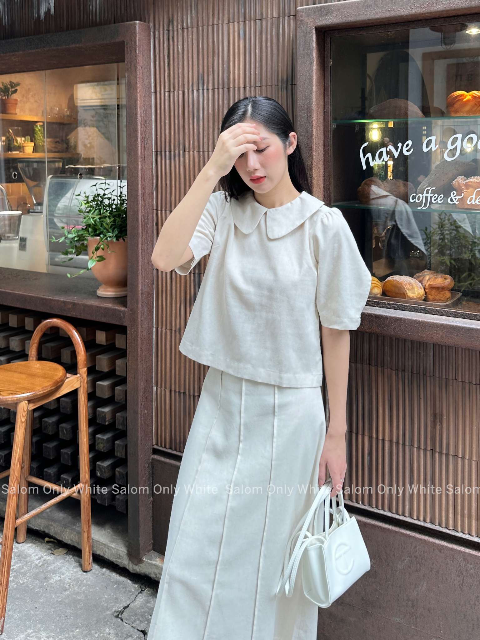 𝐋𝐚𝐝𝐲 𝐋𝐢𝐧𝐞𝐧 𝐒𝐞𝐭 - Set Áo Cổ Sen Và Chân Váy Midi Kẻ Dọc SALOM (Ảnh thật chính chủ)