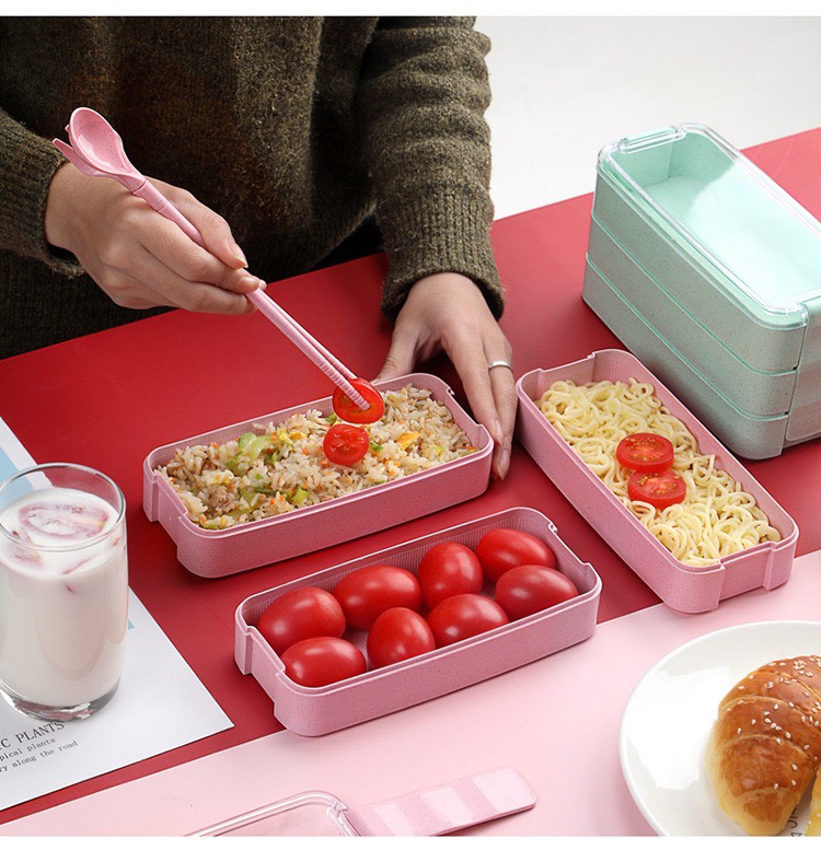 Hộp đựng cơm Lunch box lúa mạch ba tầng kèm đũa thìa cao cấp