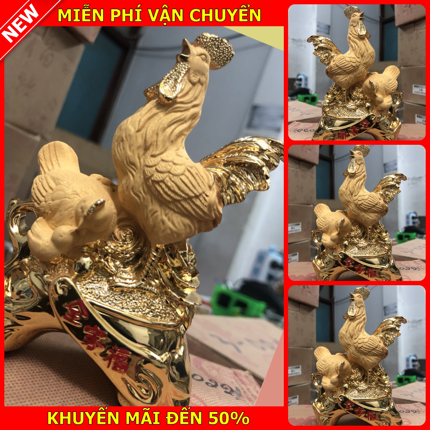 Tượng gà trống phong thủy T15T1 màu vàng cao 13cm nặng 250g chất liệu thạch cao ( linh vật phong thủy cấm tiệt thói trăng hoa )