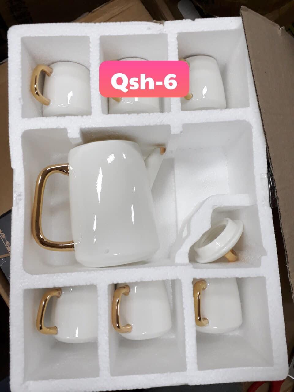 Bộ bình cốc sứ kèm khay Cao cấp màu trắng.