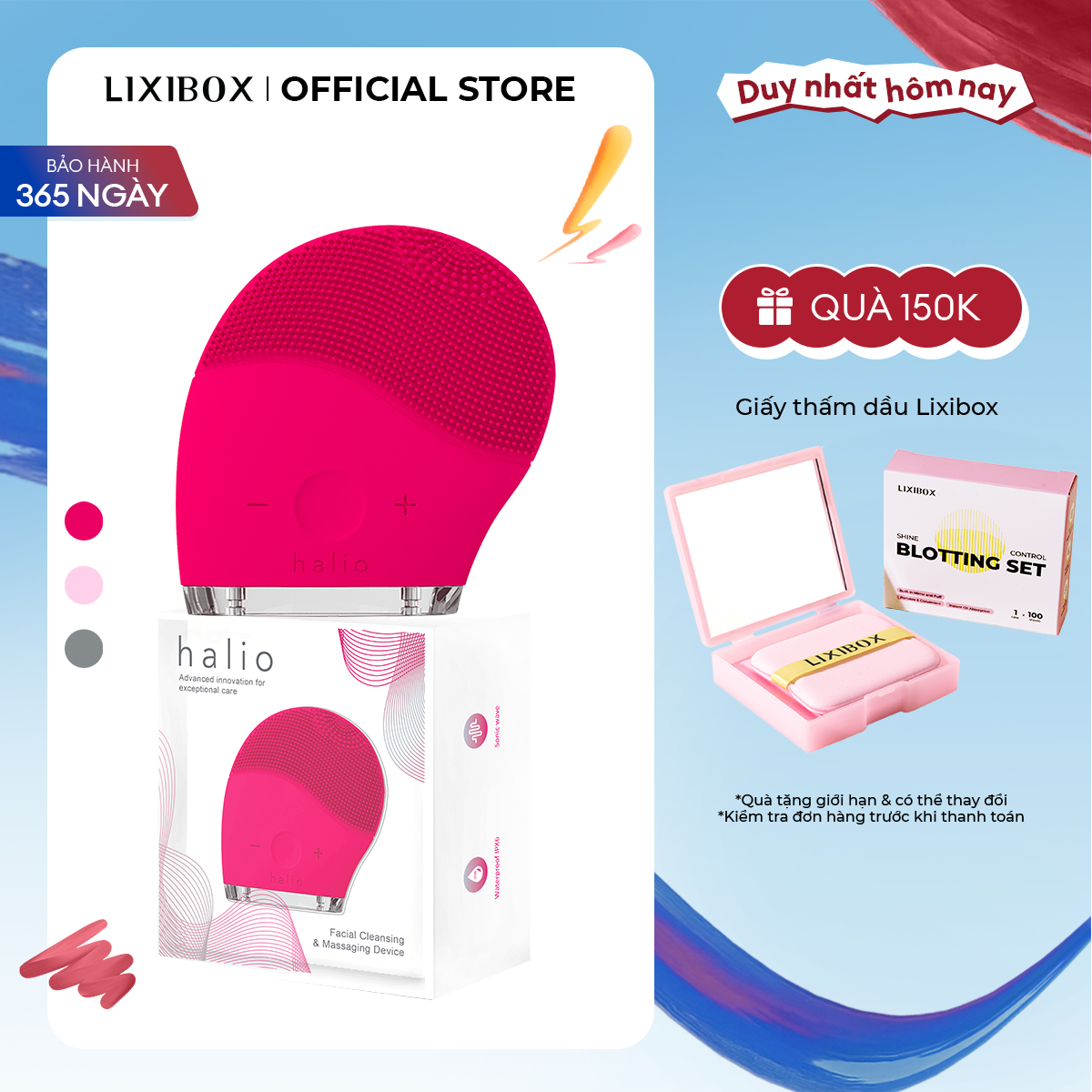 Máy Rửa Mặt Sóng Âm Halio Facial Cleansing & Massaging Device Limited Edition Hot Pink