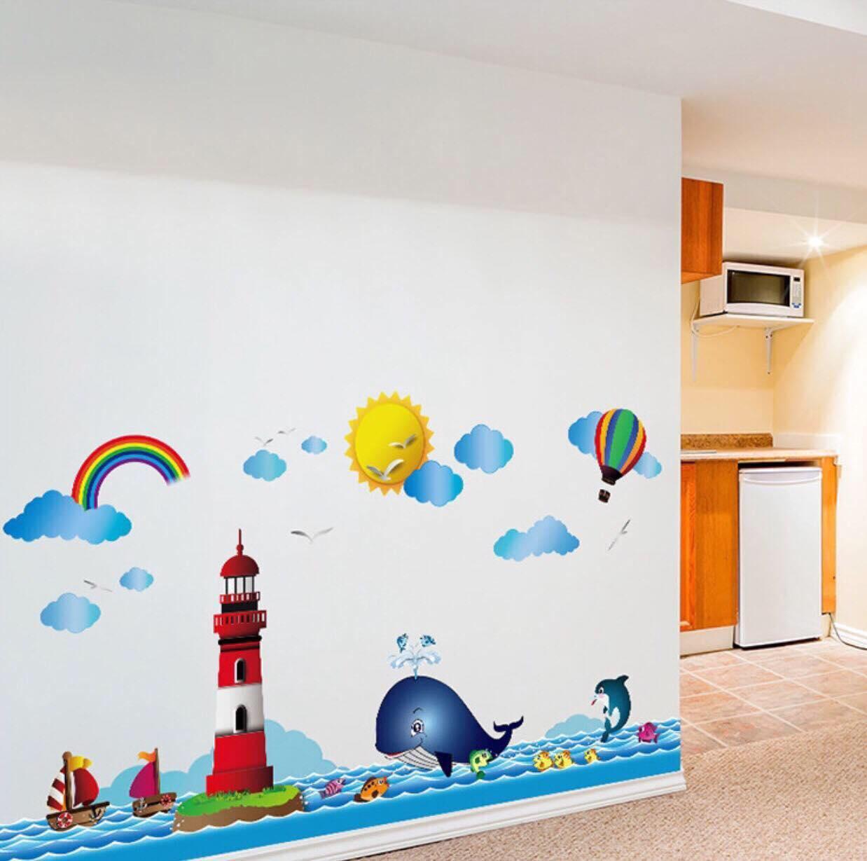 decal dán tường mẫu chân tường cá heo biển cả