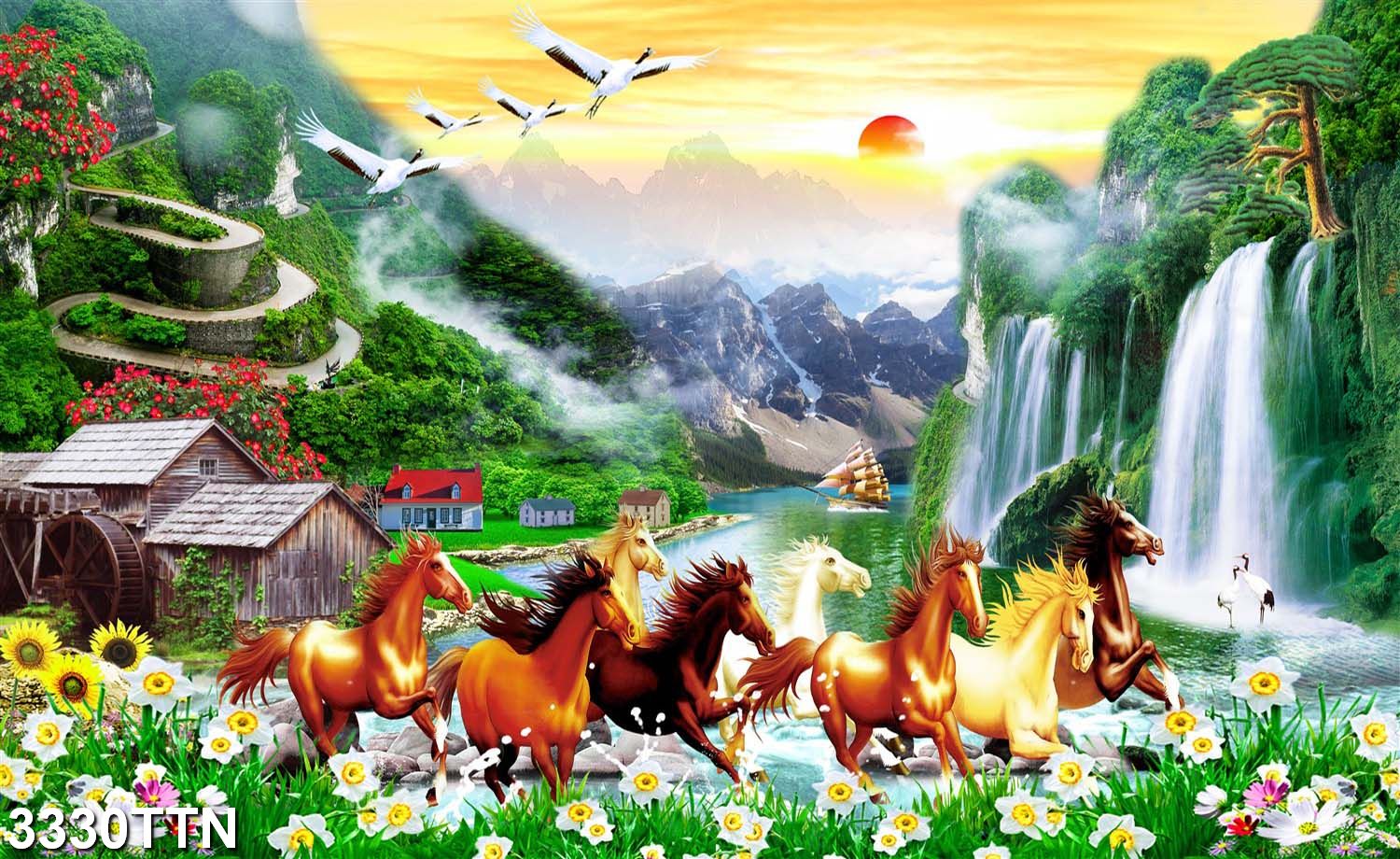 TRANH DÁN TƯỜNG 3D MÃ ĐÁO THÀNH CÔNG - TRANH DÁN TƯỜNG BÁT MÃ PHONG CẢNH - TRANH MÃ ĐÁO TRUY PHONG