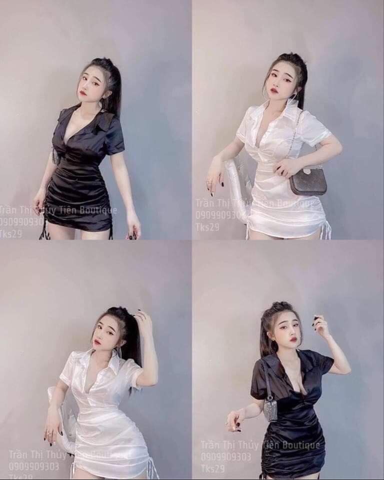 đầm nữ rút dây cổ sơ mi vải vải lụa satin