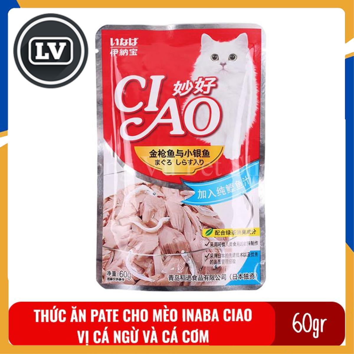 Thức ăn Pate cho mèo Inaba Ciao gói 60gr Vị Cá ngừ và cá cơm