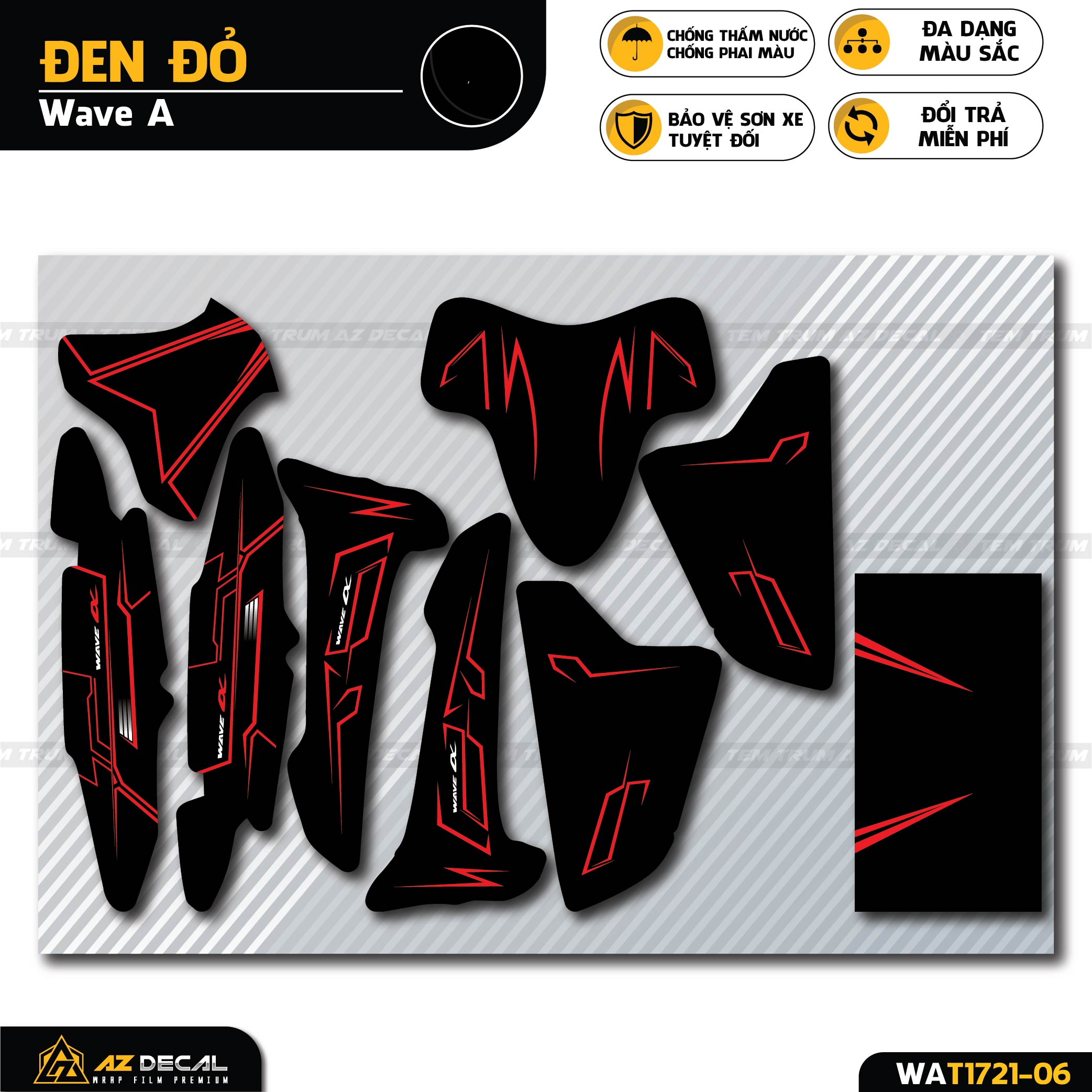 Tem xe wave 110 100 đẹp mẫu electronic | wat-06 | tem trùm chất liệu decal cao cấp màu đen đỏ trắng dán xe wave alpha - azdecal