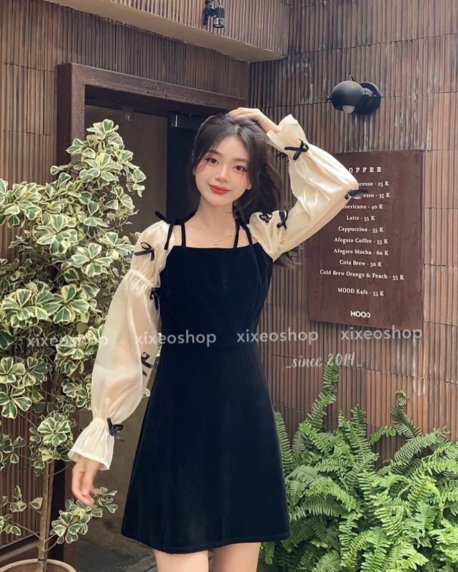 váy đầm nữ nhung đính nơ cực kỳ đẹp
