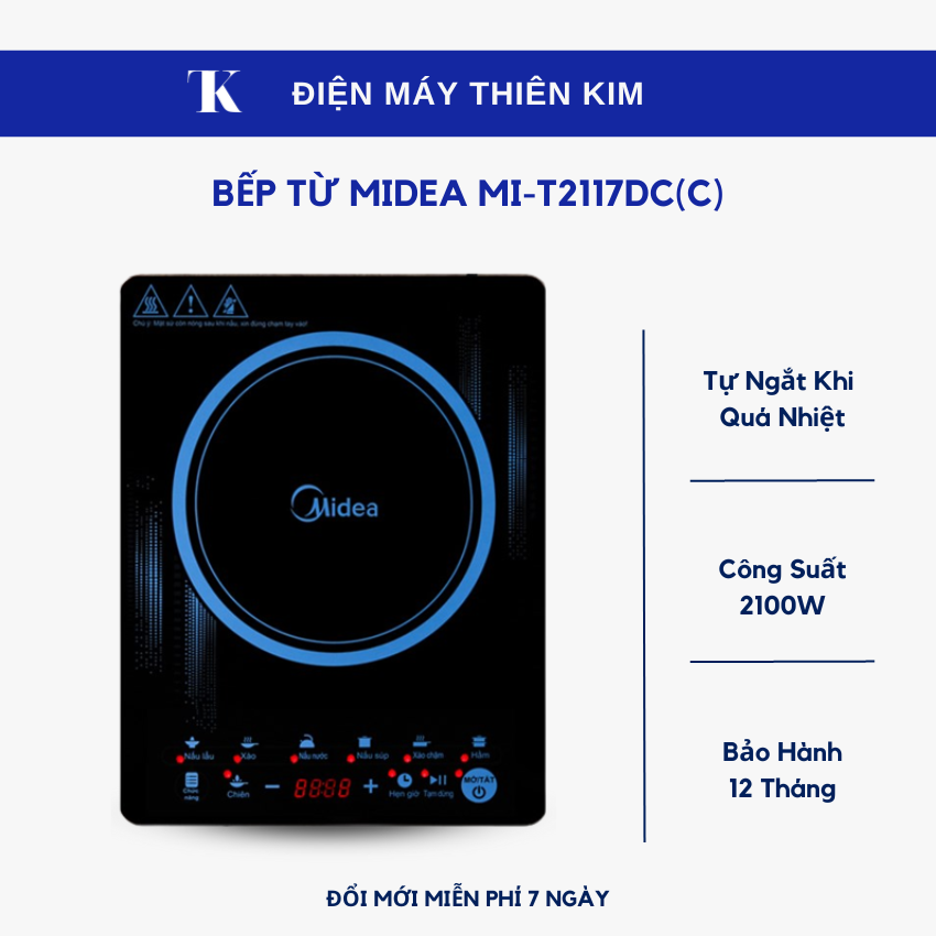 Bếp từ midea mi-t2117dc - 2100w - cảm ứng - kính ceramic - hẹn giờ - bếp điện từ đơn bảo hành 12 tháng toàn quốc