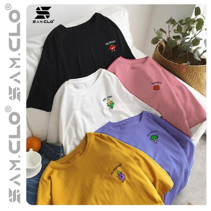 Áo thun tay lỡ freesize nam nữ – thun phông form rộng Unisex, mặc lớp, nhóm, cặp, thêu hình rau củ quả nhiều màu