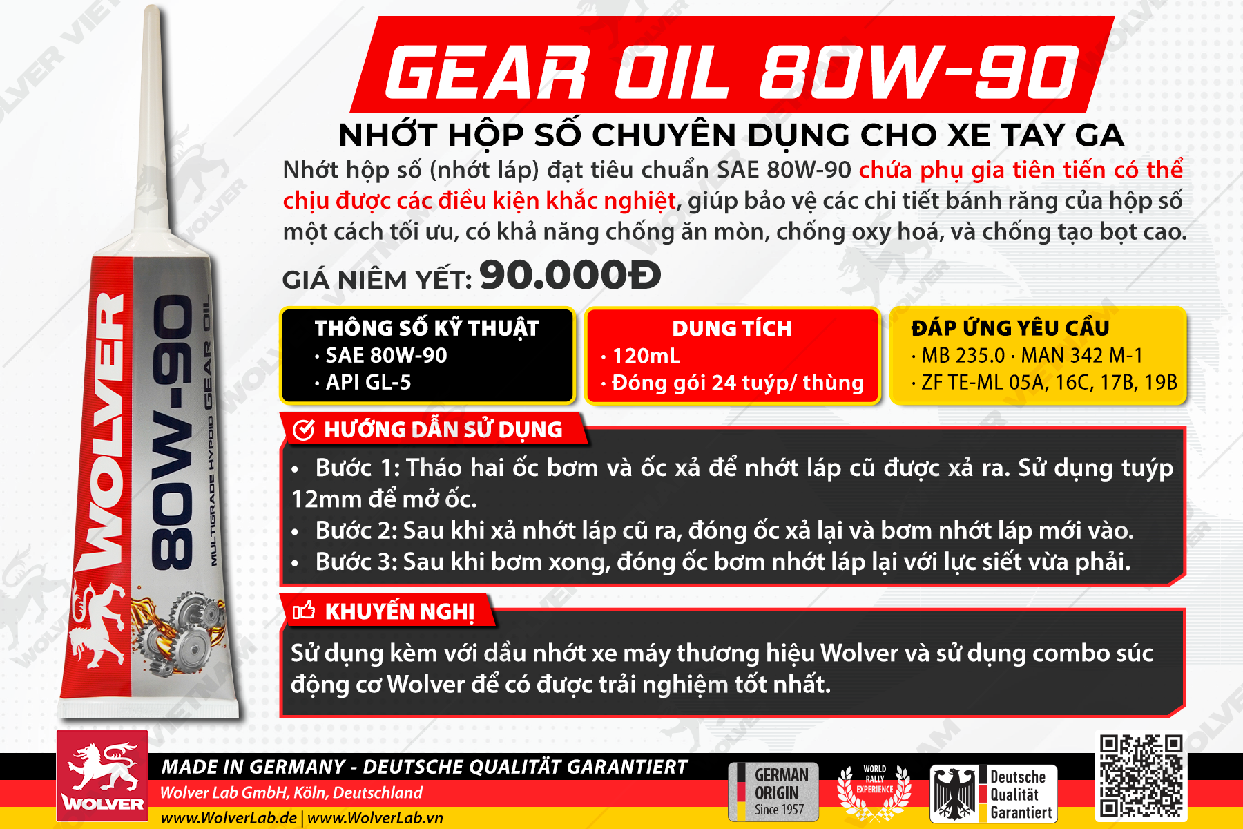 Nhớt Hộp Số (Lap) Wolver 80w90 120ml nhâp khẩu Đức