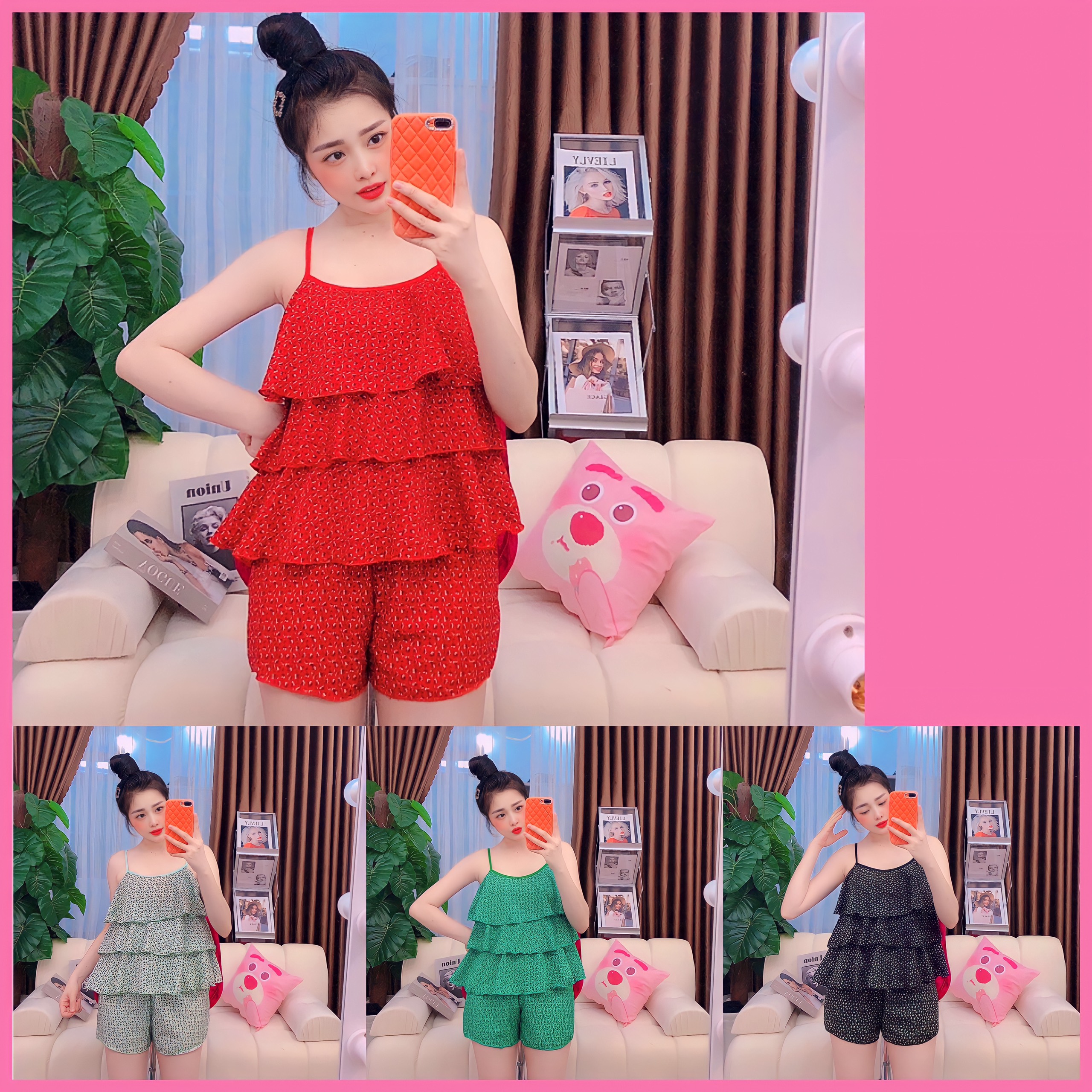 Set đồ nữ đùi phối tầng chất liệu lụa hàn mềm mại freesize dưới 58kg tùy chiều cao-GIAO BÔNG NGẪU NHIÊN