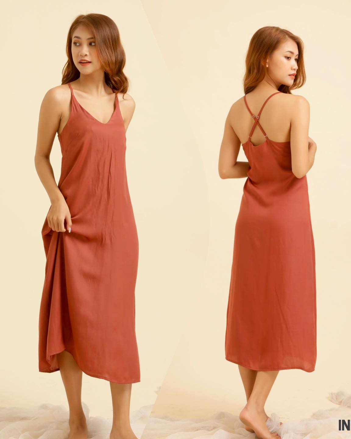 Đầm lụa dài 2 dây chéo lưng InFashion