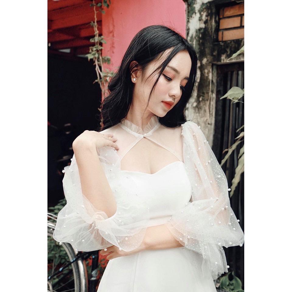 Đầm dự tiệc trắng tay phồng kết hạt siêu xinh