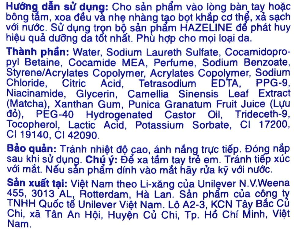 Sữa Tắm 900g Hazeline Matcha & Lựu Đỏ