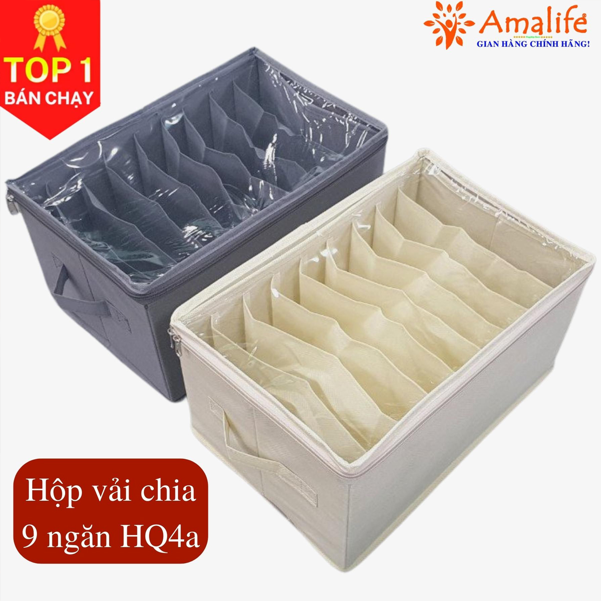 Hộp vải đựng đồ 9 ngăn có nắp có khóa đa năng – khay để đồ 9 ngăn đựng quần áo tất đồ lót vải oxford chia ngăn nhỏ gấp gọn gàng hv9n chính hãng amalife