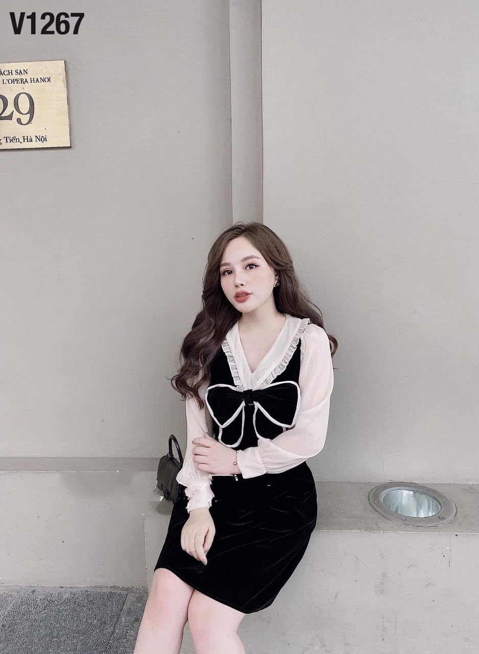 [HCM]Đầm kate cổ V phối tay lưới xinh sắn