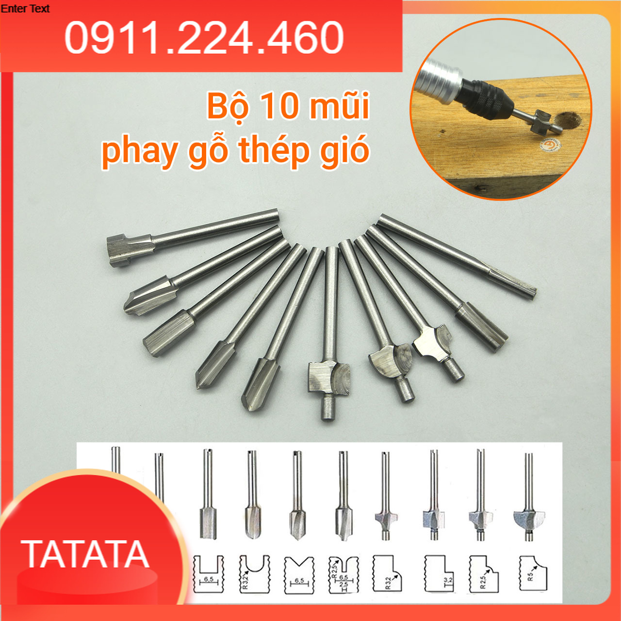 Bộ 10 mũi phay gỗ trục 3mm