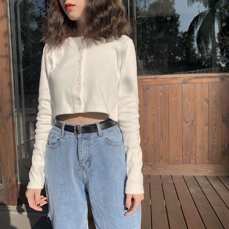 [ Ảnh thật ] Áo crop gài nút sơ mi trắng basic trơn tay dài freesize dưới 55kg