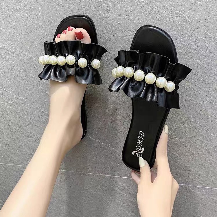 Dép nữ quai ngang bèo nhún nhúm đính ngọc châu đẹp hot đi chơi đi học đi biển đi trong nhà