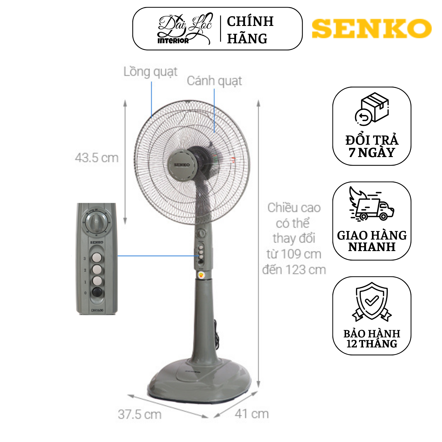 Quạt Điện Đứng Senko DH1600 Chính Hãng & Bảo Hành 2 Năm