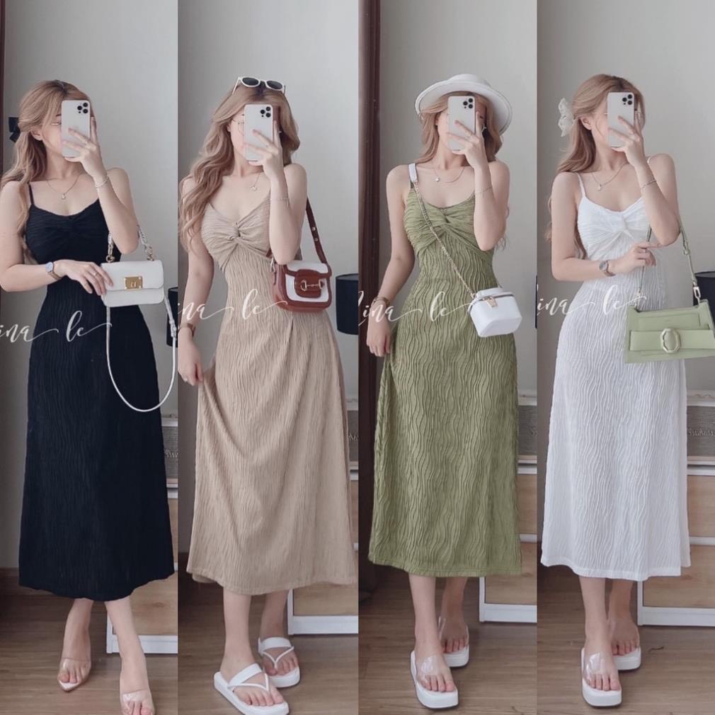 Đầm maxi vân sóng 2 dây đi biển, Váy basic 2 dây dáng suông HTD393